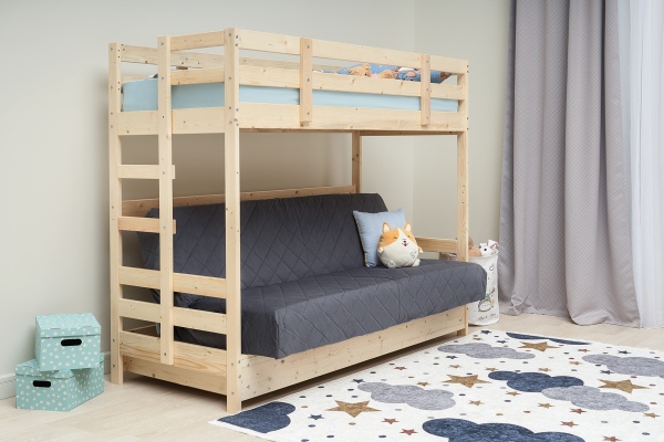 Двухъярусная кровать массив с диван-кроватью велюр серый / натуральный